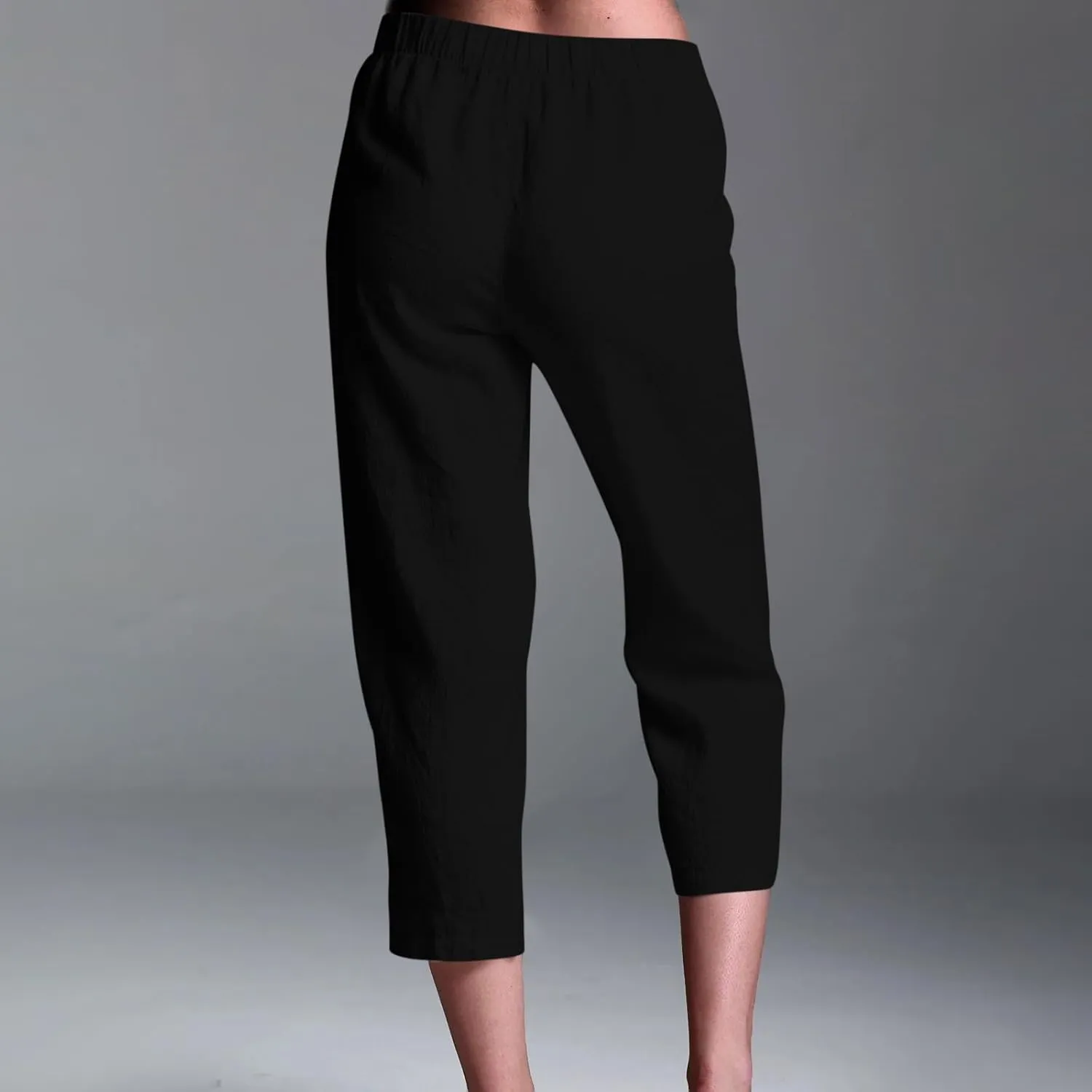 Cotton Linen Capri Pants Women 3/4 Length Leggings Elastic Waistband Cropped Trousers Ladies Straight Leg Pant