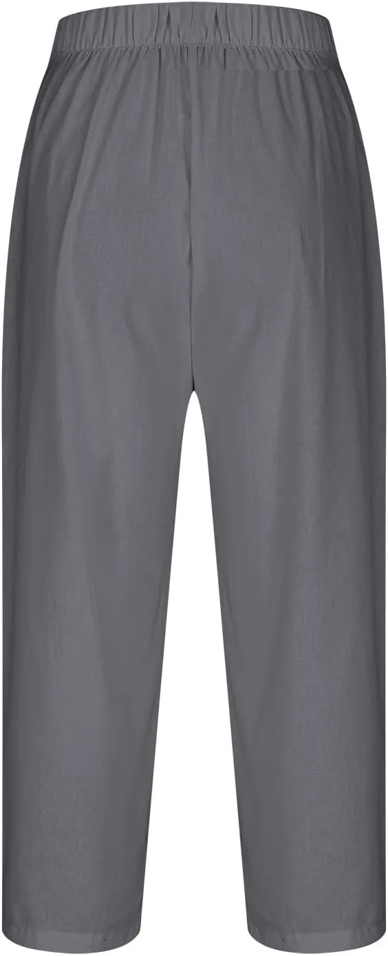 Cotton Linen Capri Pants Women 3/4 Length Leggings Elastic Waistband Cropped Trousers Ladies Straight Leg Pant