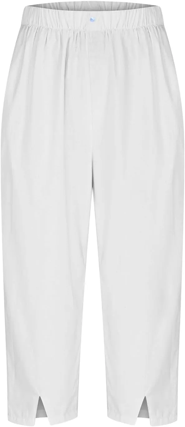 Cotton Linen Capri Pants Women 3/4 Length Leggings Elastic Waistband Cropped Trousers Ladies Straight Leg Pant