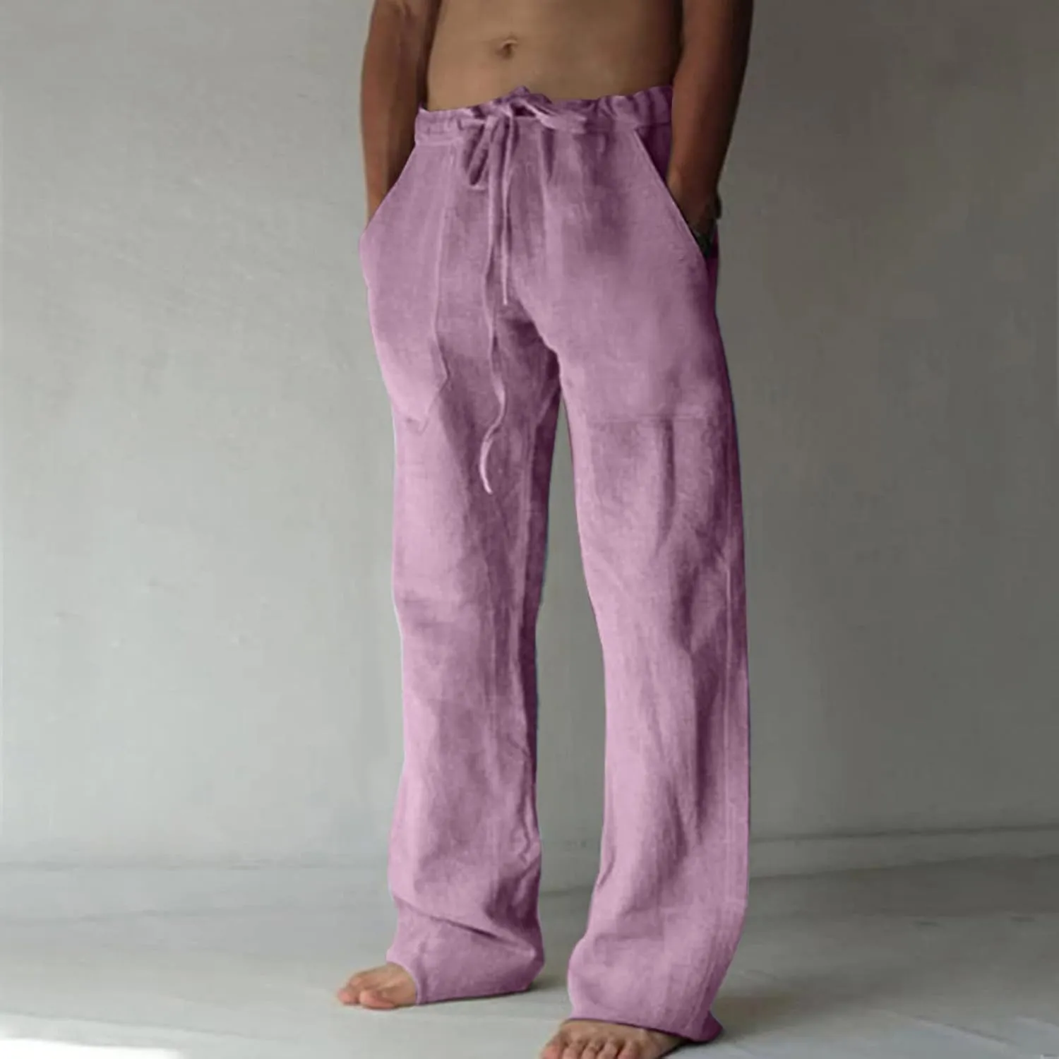 Cotton Linen Pants for Men Drawstring Wide Leg Trousers Elastic Waist Summer Lightweight Lounge Pants Trendy Pants