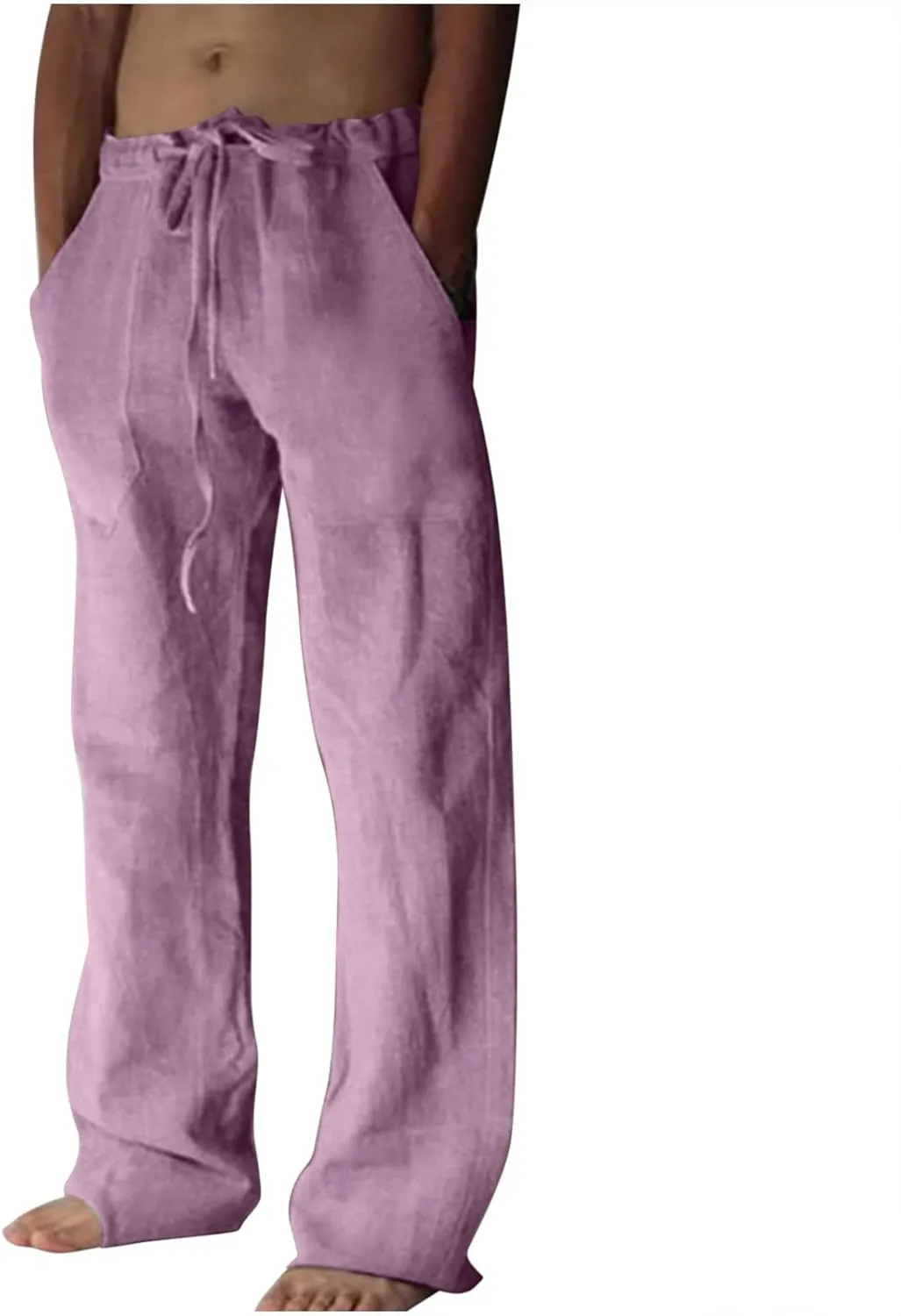 Cotton Linen Pants for Men Drawstring Wide Leg Trousers Elastic Waist Summer Lightweight Lounge Pants Trendy Pants