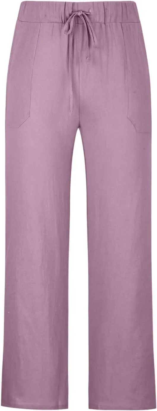 Cotton Linen Pants for Men Drawstring Wide Leg Trousers Elastic Waist Summer Lightweight Lounge Pants Trendy Pants
