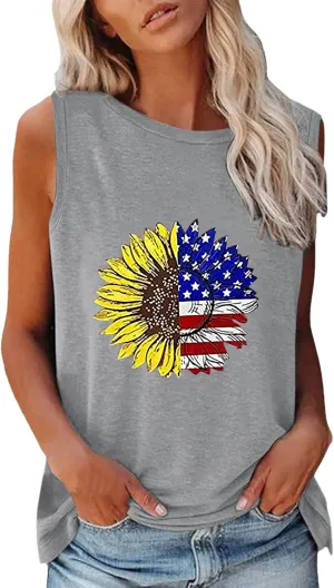 CRNTCEM American Flag Tank Tops for Women Sleeveless Floral Blue and Red Striped Printed Summer Tops Summer 4th of July Tees