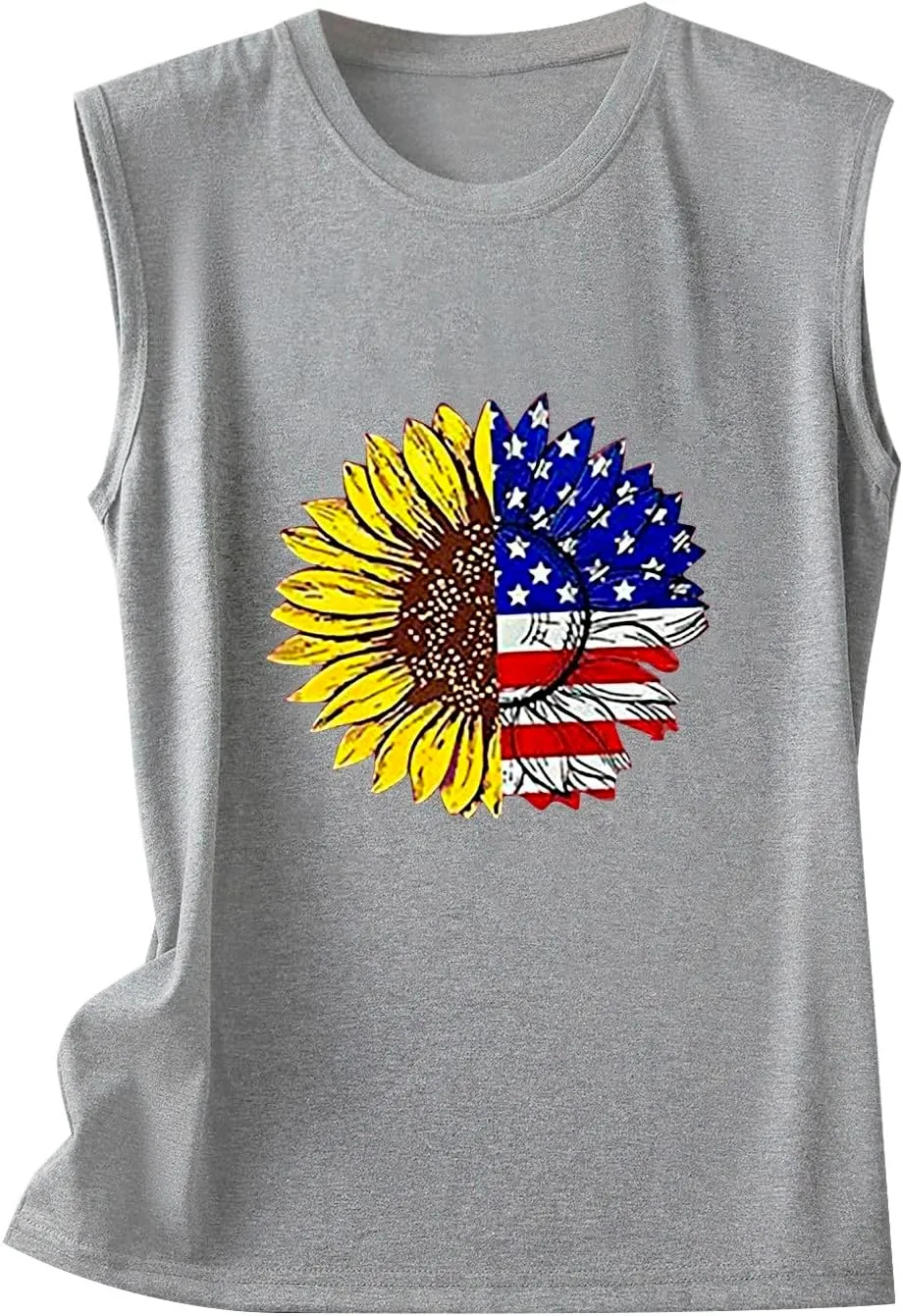 CRNTCEM American Flag Tank Tops for Women Sleeveless Floral Blue and Red Striped Printed Summer Tops Summer 4th of July Tees