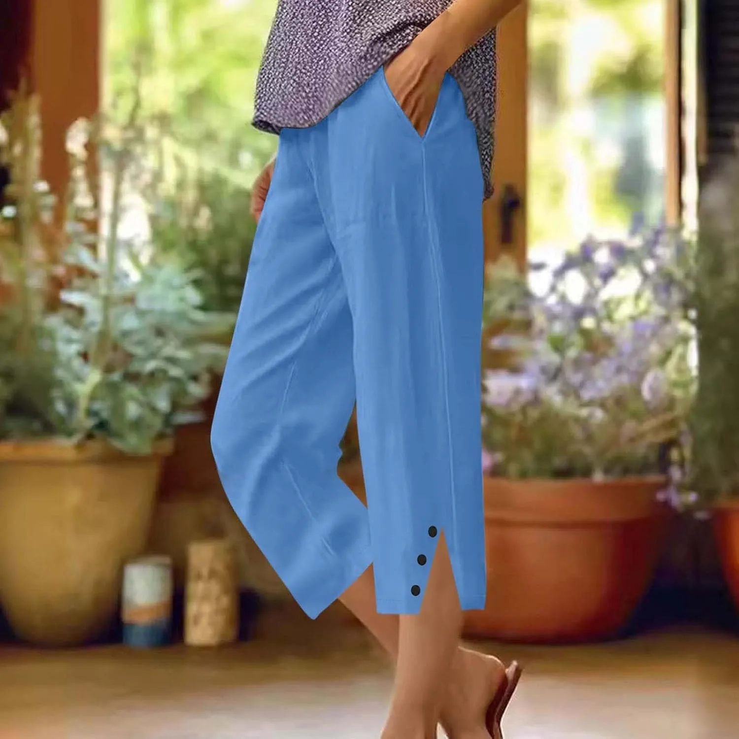 Cropped Linen Pants Women High Waisted Straight Leg Capri Summer Lounge Pants for Women Loose Fit Solid Cropped Pants