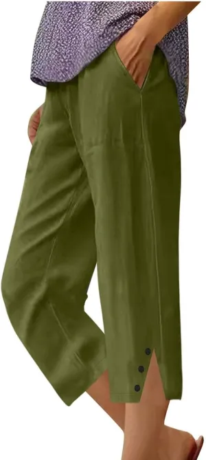 Cropped Linen Pants Women High Waisted Straight Leg Capri Summer Lounge Pants for Women Loose Fit Solid Cropped Pants