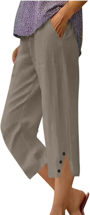 Cropped Linen Pants Women High Waisted Straight Leg Capri Summer Lounge Pants for Women Loose Fit Solid Cropped Pants