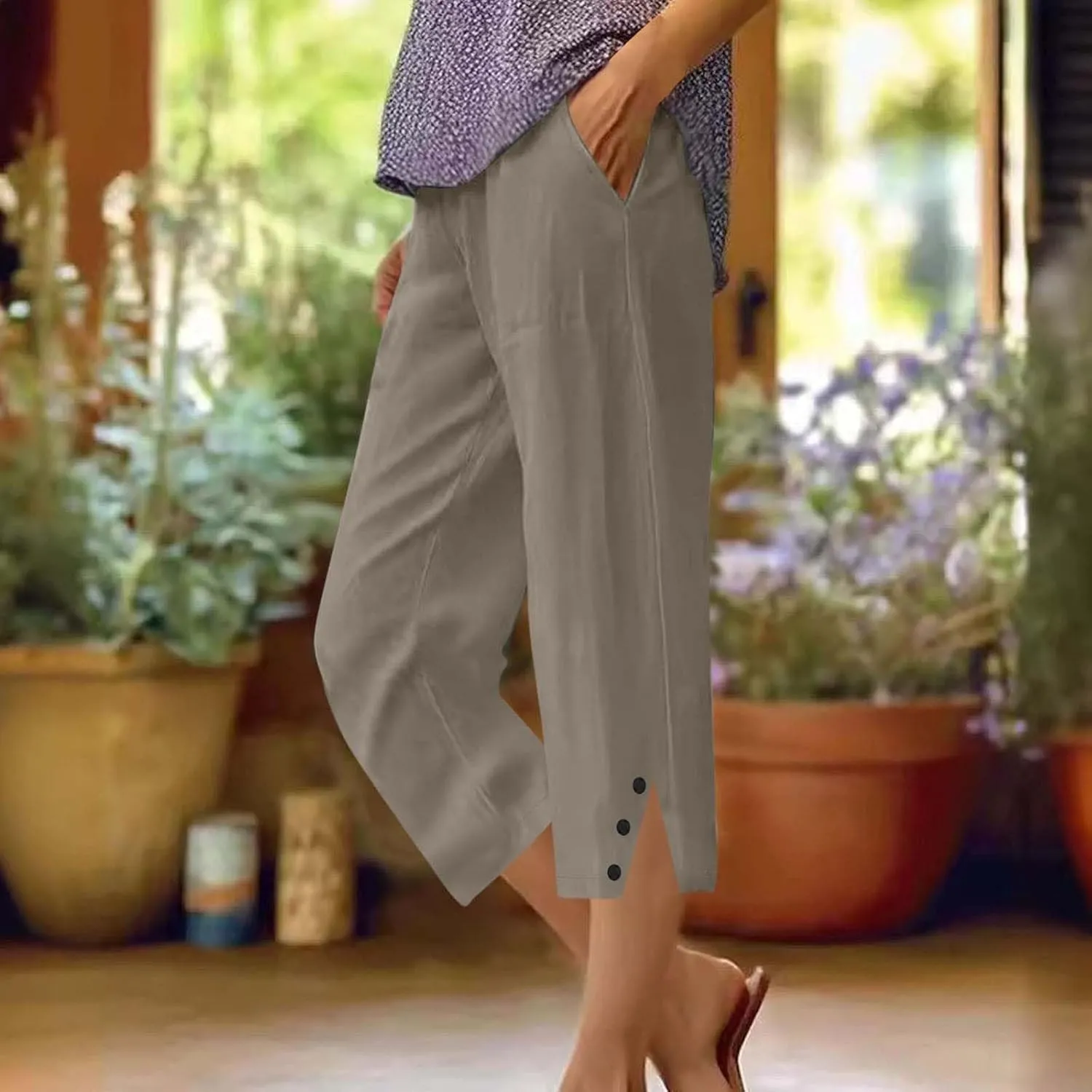 Cropped Linen Pants Women High Waisted Straight Leg Capri Summer Lounge Pants for Women Loose Fit Solid Cropped Pants