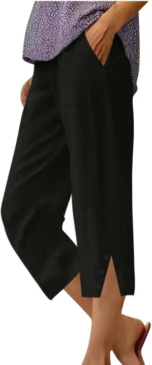 Cropped Linen Pants Women High Waisted Straight Leg Capri Summer Lounge Pants for Women Loose Fit Solid Cropped Pants