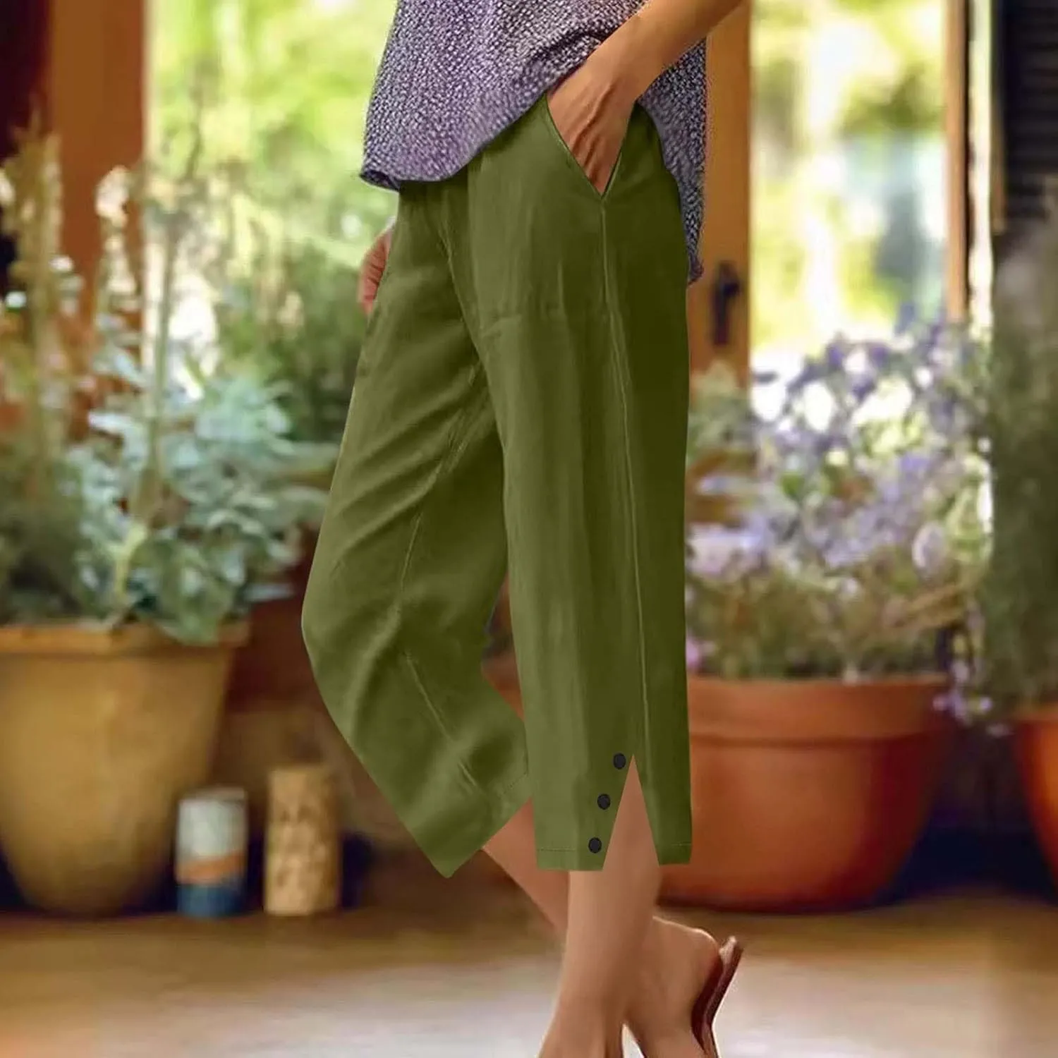 Cropped Linen Pants Women High Waisted Straight Leg Capri Summer Lounge Pants for Women Loose Fit Solid Cropped Pants