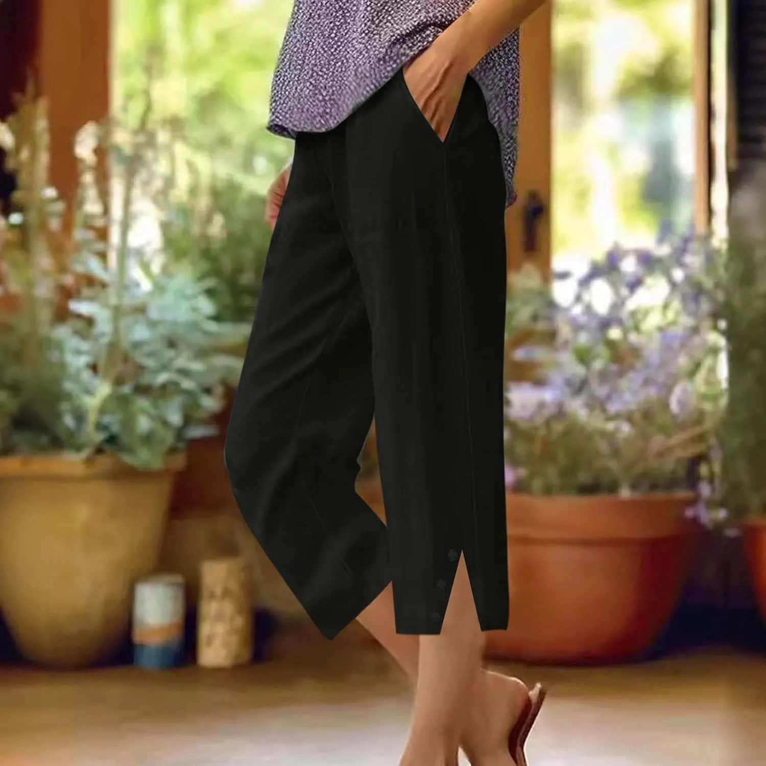 Cropped Linen Pants Women High Waisted Straight Leg Capri Summer Lounge Pants for Women Loose Fit Solid Cropped Pants