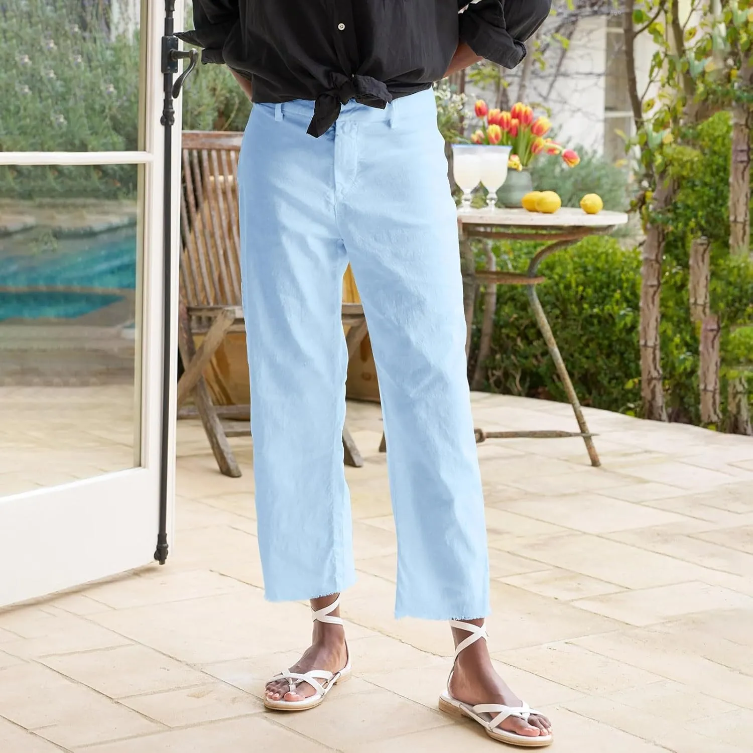 Cropped Linen Pants Women Straight Leg Pull On Work Pants Business Casual High Waisted Dress Pants Office Ankle Pants