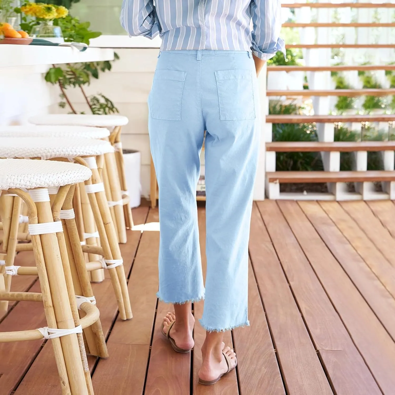 Cropped Linen Pants Women Straight Leg Pull On Work Pants Business Casual High Waisted Dress Pants Office Ankle Pants