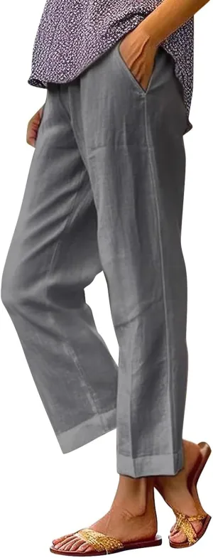 Cropped Linen Pants Women Summer Elastic Waist Straight Leg Capris Plus Size Casual Beach Cropped Pants with Pockets