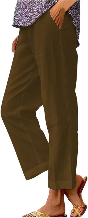 Cropped Linen Pants Women Summer Elastic Waist Straight Leg Capris Plus Size Casual Beach Cropped Pants with Pockets