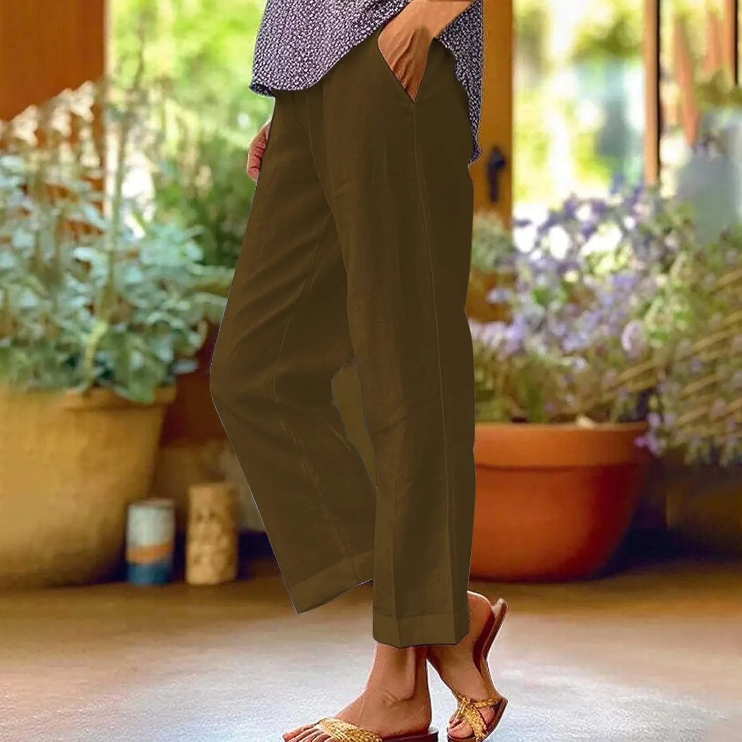 Cropped Linen Pants Women Summer Elastic Waist Straight Leg Capris Plus Size Casual Beach Cropped Pants with Pockets