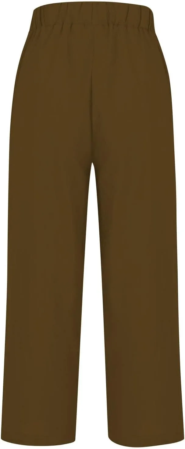 Cropped Linen Pants Women Summer Elastic Waist Straight Leg Capris Plus Size Casual Beach Cropped Pants with Pockets