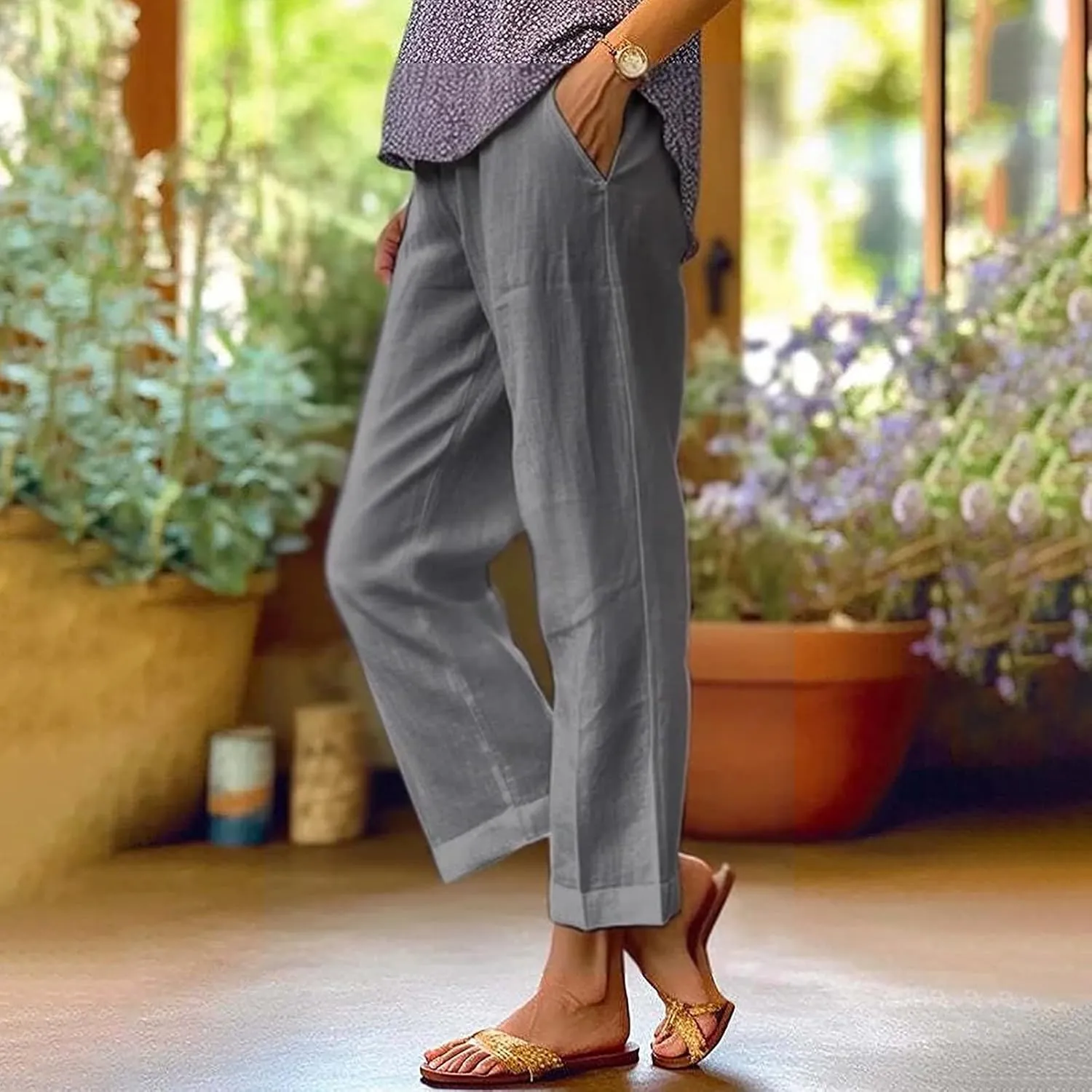 Cropped Linen Pants Women Summer Elastic Waist Straight Leg Capris Plus Size Casual Beach Cropped Pants with Pockets