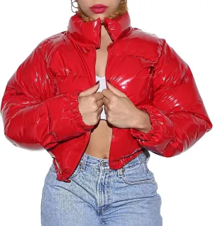 Cropped Puffer Jacket Women, Short Puffer Coat Women Cropped Stand Collar Metallic Cropped Down Jackets