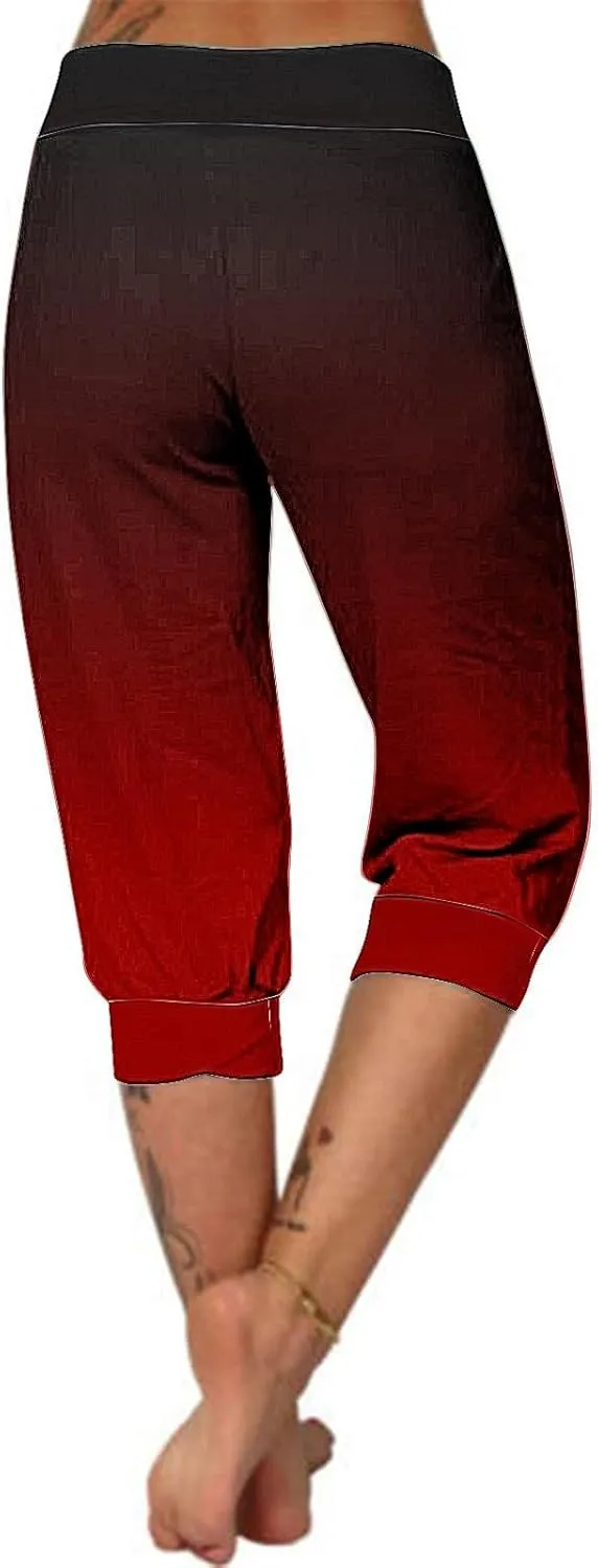 Cropped Trousers Women Gradient Color Capri Pants Ladies 3/4 Trouser Joggers Elasticated Waist Sweatpants