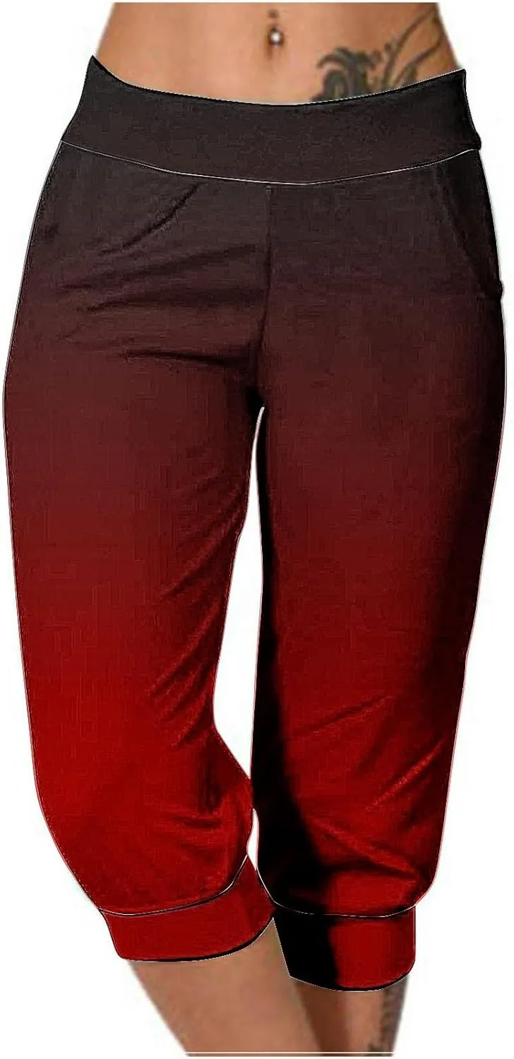 Cropped Trousers Women Gradient Color Capri Pants Ladies 3/4 Trouser Joggers Elasticated Waist Sweatpants