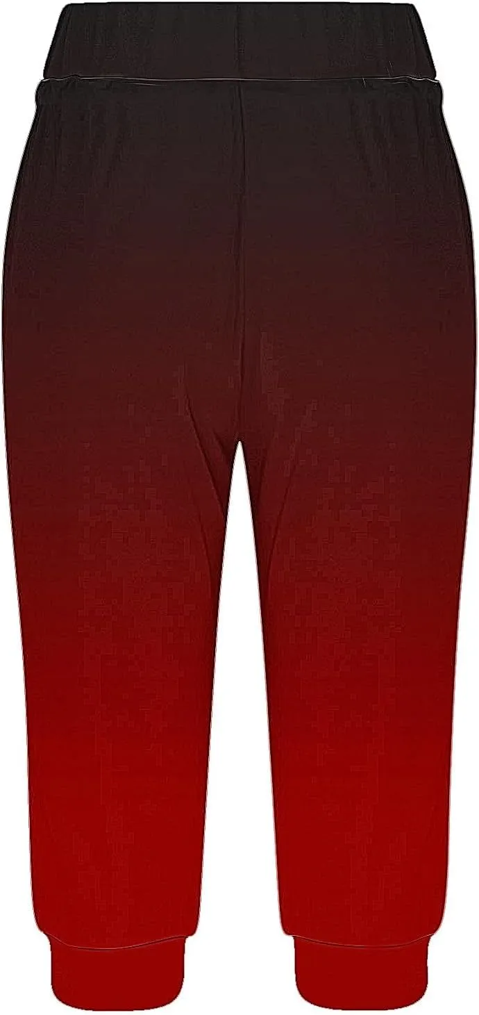 Cropped Trousers Women Gradient Color Capri Pants Ladies 3/4 Trouser Joggers Elasticated Waist Sweatpants