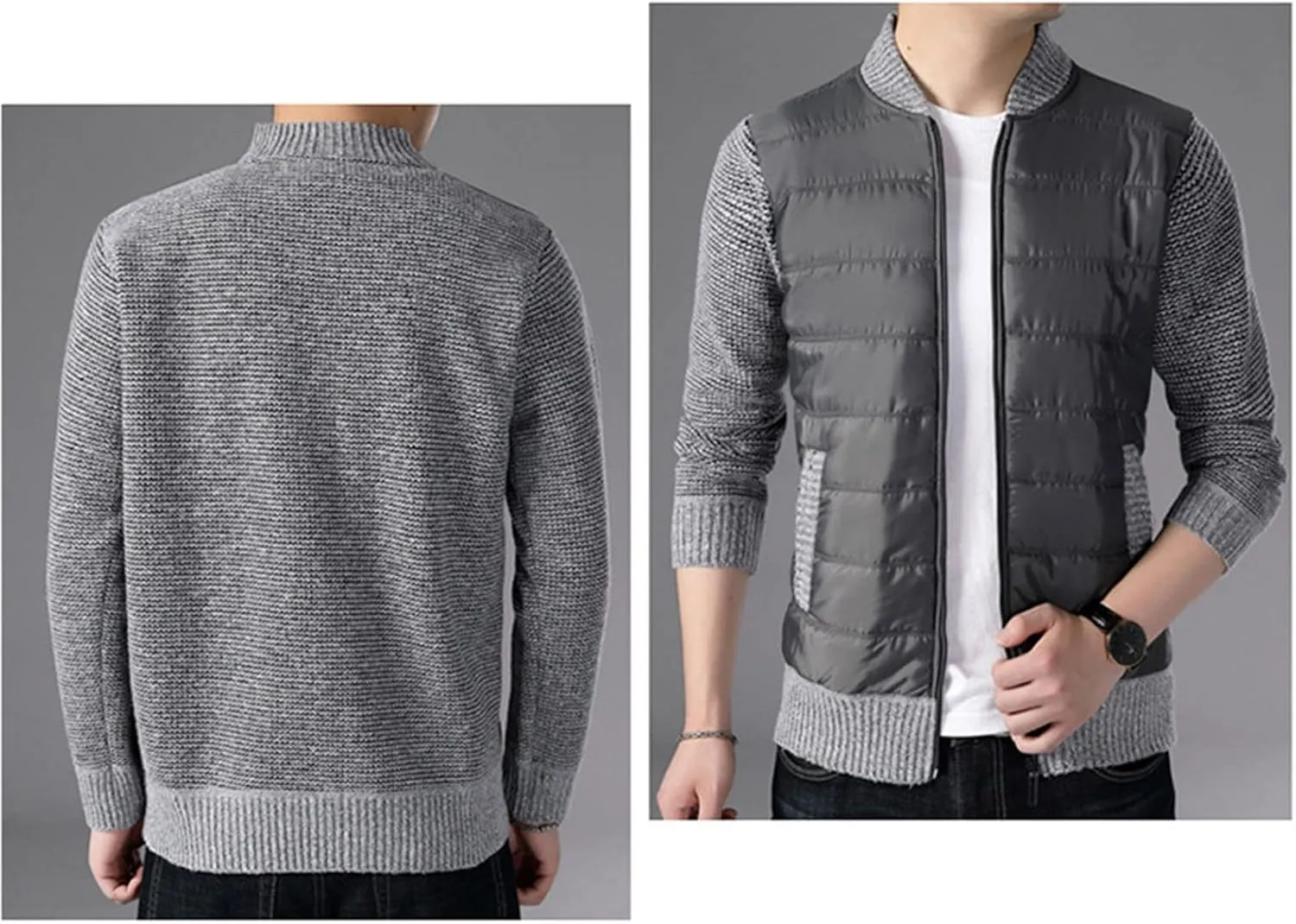 DGHM-JLMY Men's Cashmere Padded Cardigan Jacket Stand Collar Knitted Splice Sweater Thick Slim Fit Full Zip Sweaters Coat
