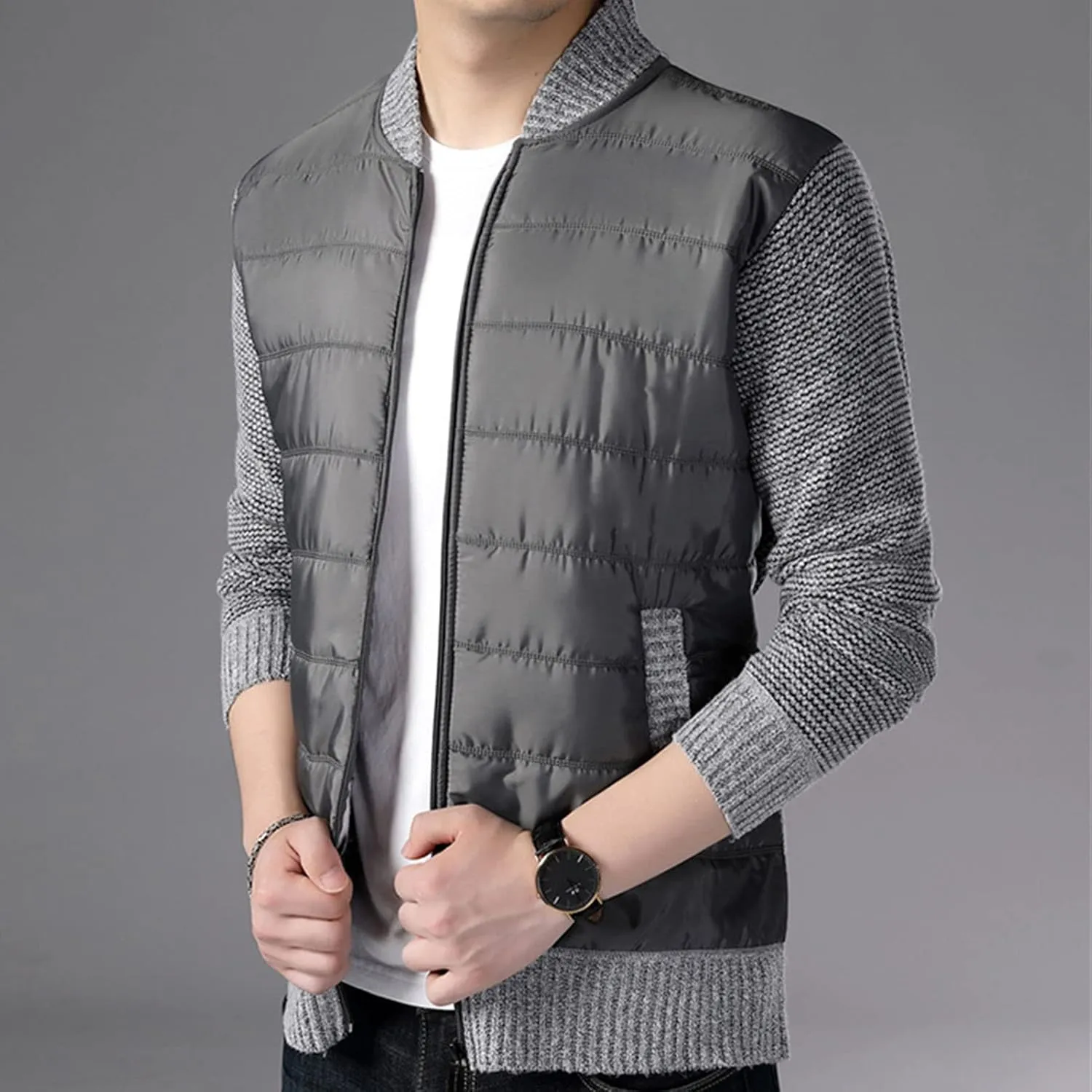 DGHM-JLMY Men's Cashmere Padded Cardigan Jacket Stand Collar Knitted Splice Sweater Thick Slim Fit Full Zip Sweaters Coat