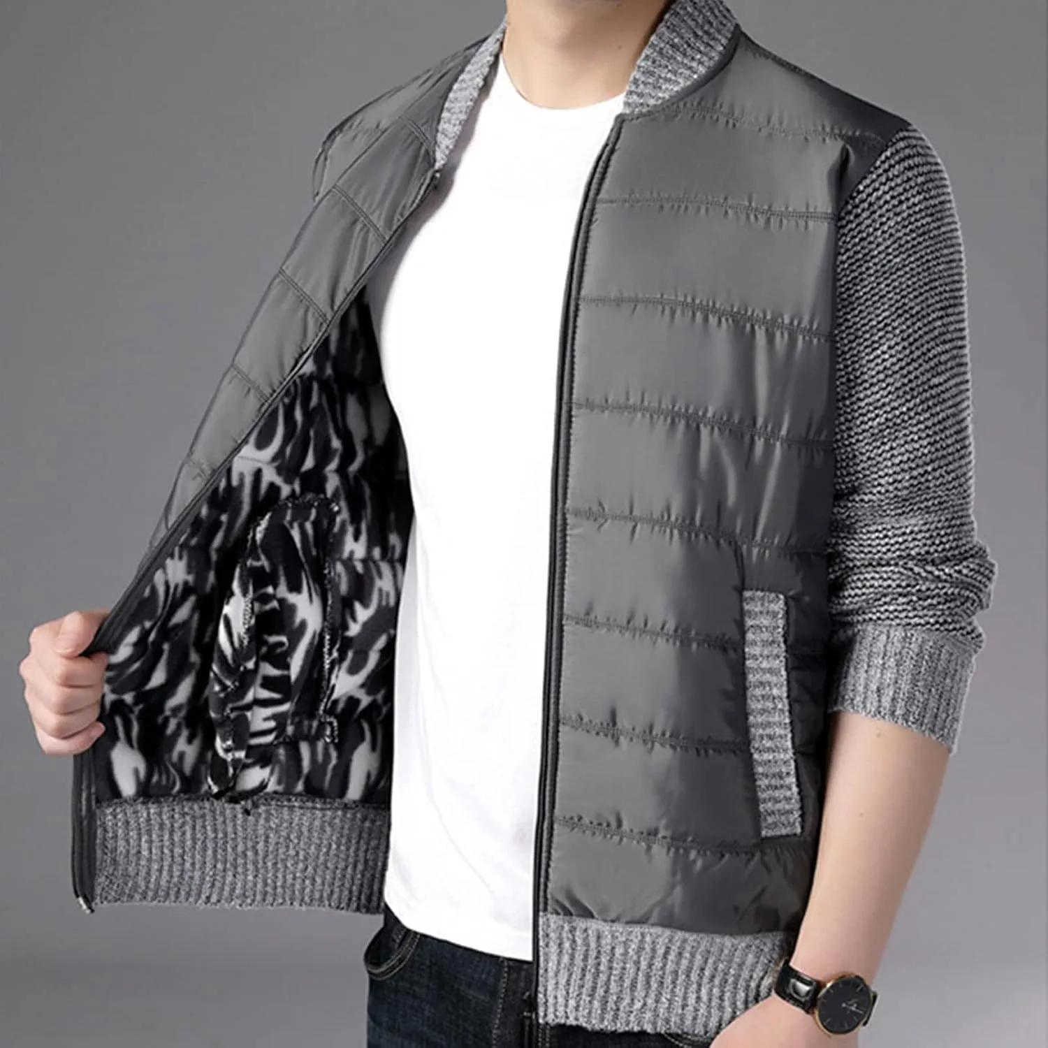 DGHM-JLMY Men's Cashmere Padded Cardigan Jacket Stand Collar Knitted Splice Sweater Thick Slim Fit Full Zip Sweaters Coat