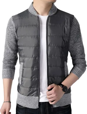 DGHM-JLMY Men's Cashmere Padded Cardigan Jacket Stand Collar Knitted Splice Sweater Thick Slim Fit Full Zip Sweaters Coat