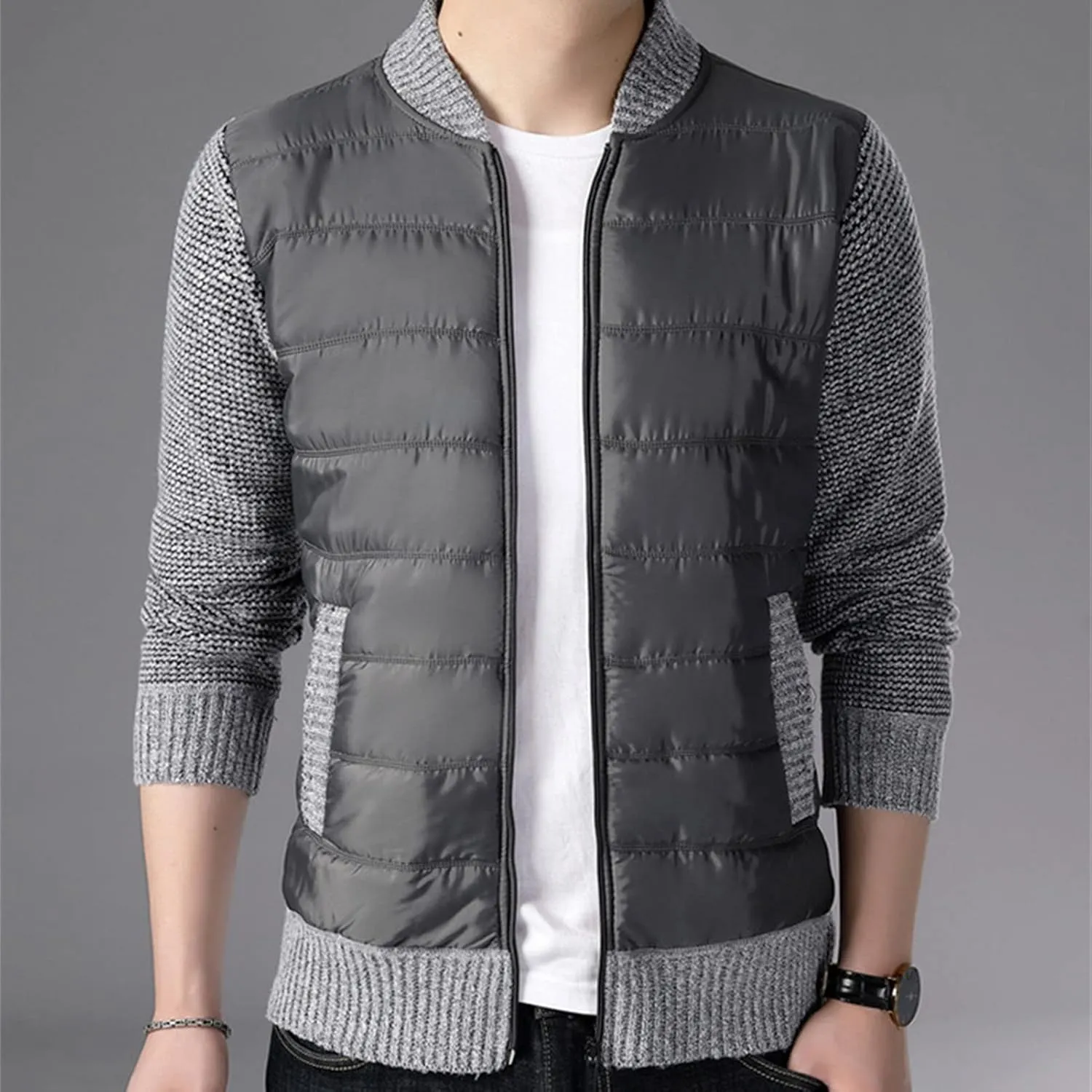 DGHM-JLMY Men's Cashmere Padded Cardigan Jacket Stand Collar Knitted Splice Sweater Thick Slim Fit Full Zip Sweaters Coat