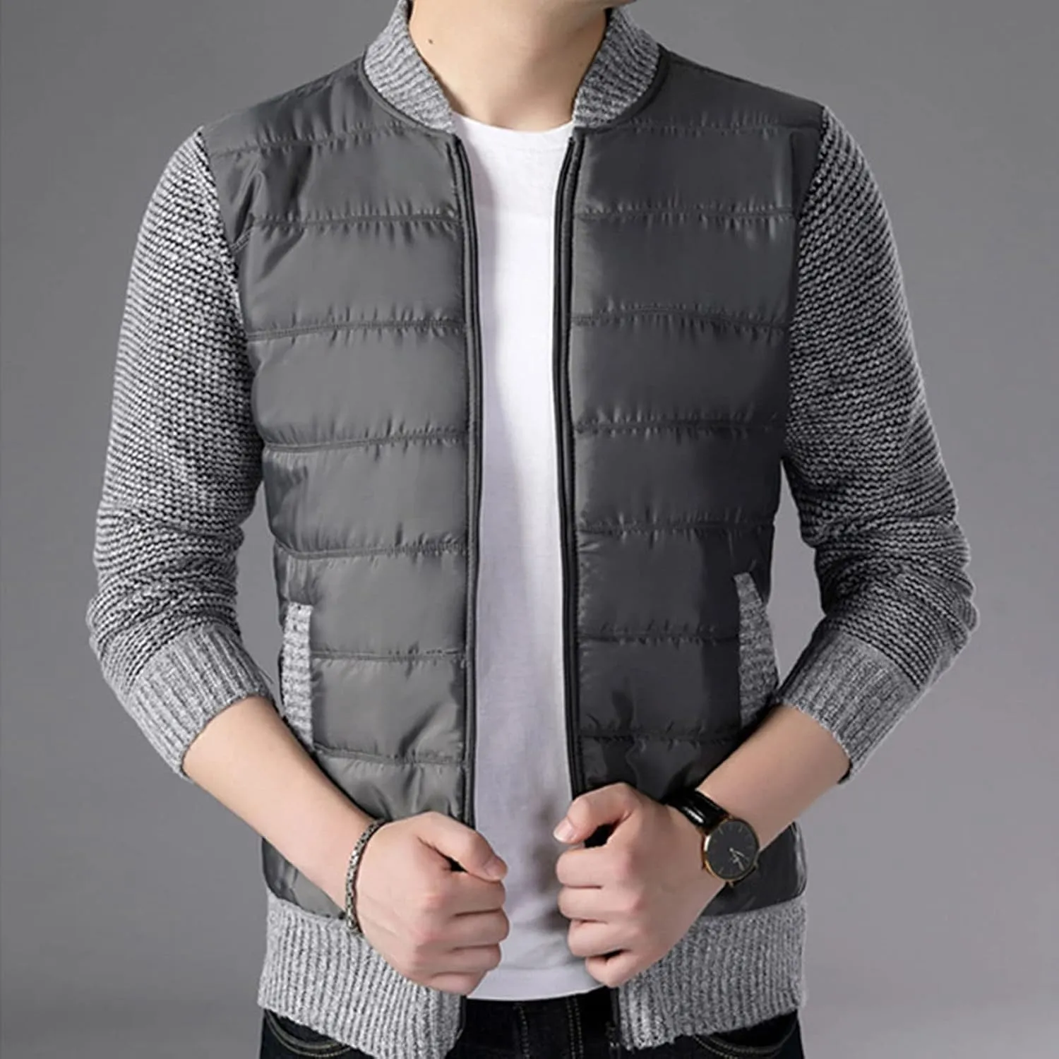 DGHM-JLMY Men's Cashmere Padded Cardigan Jacket Stand Collar Knitted Splice Sweater Thick Slim Fit Full Zip Sweaters Coat