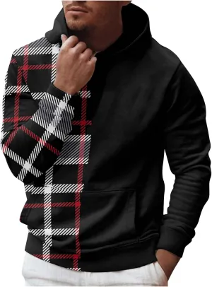 DuDubaby Mens Fleece Hoodies Men Solid Check Pullover Long Sleeve Hooded Sweatshirt Tops Hoodies Pullover