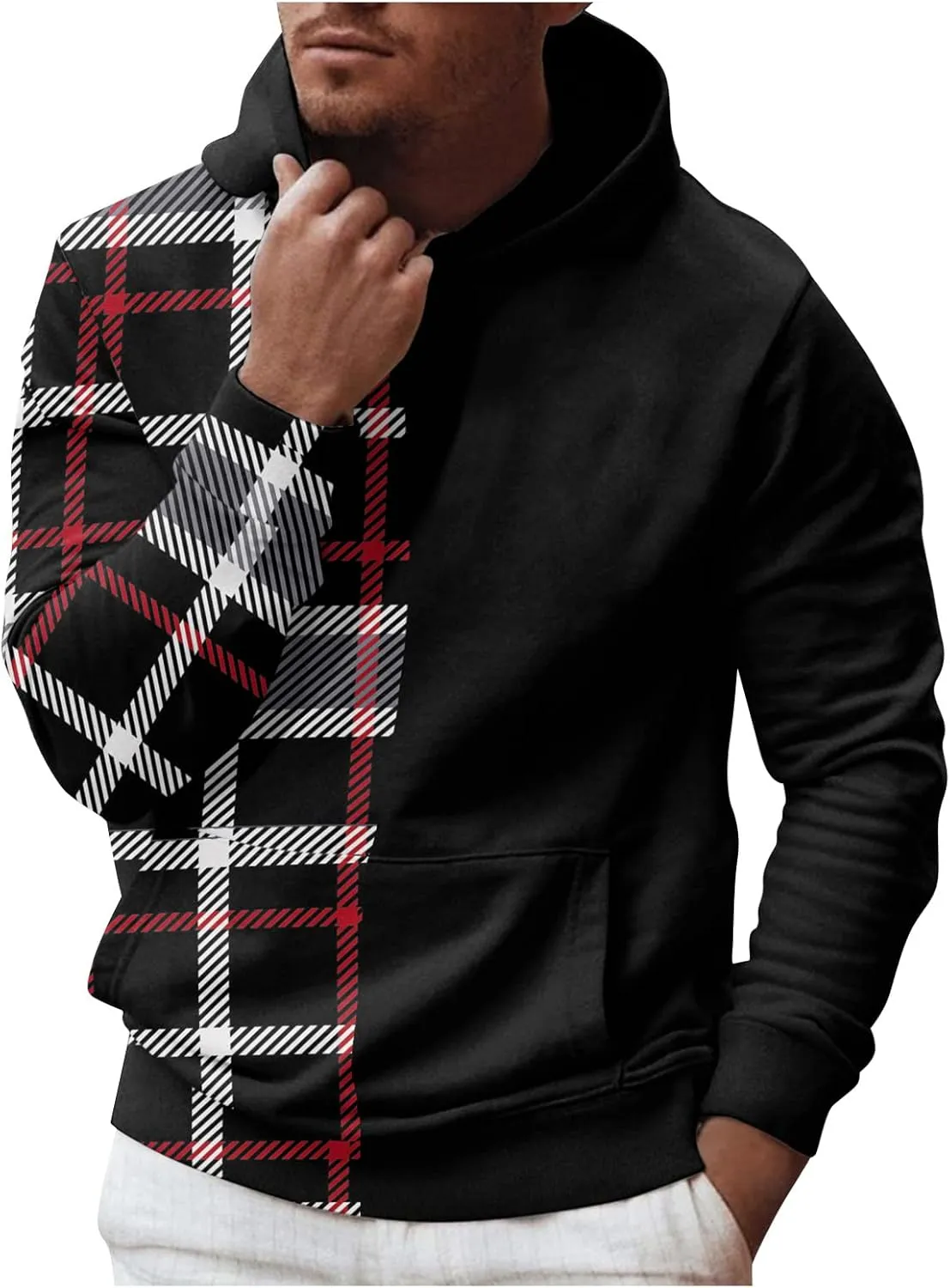 DuDubaby Mens Fleece Hoodies Men Solid Check Pullover Long Sleeve Hooded Sweatshirt Tops Hoodies Pullover