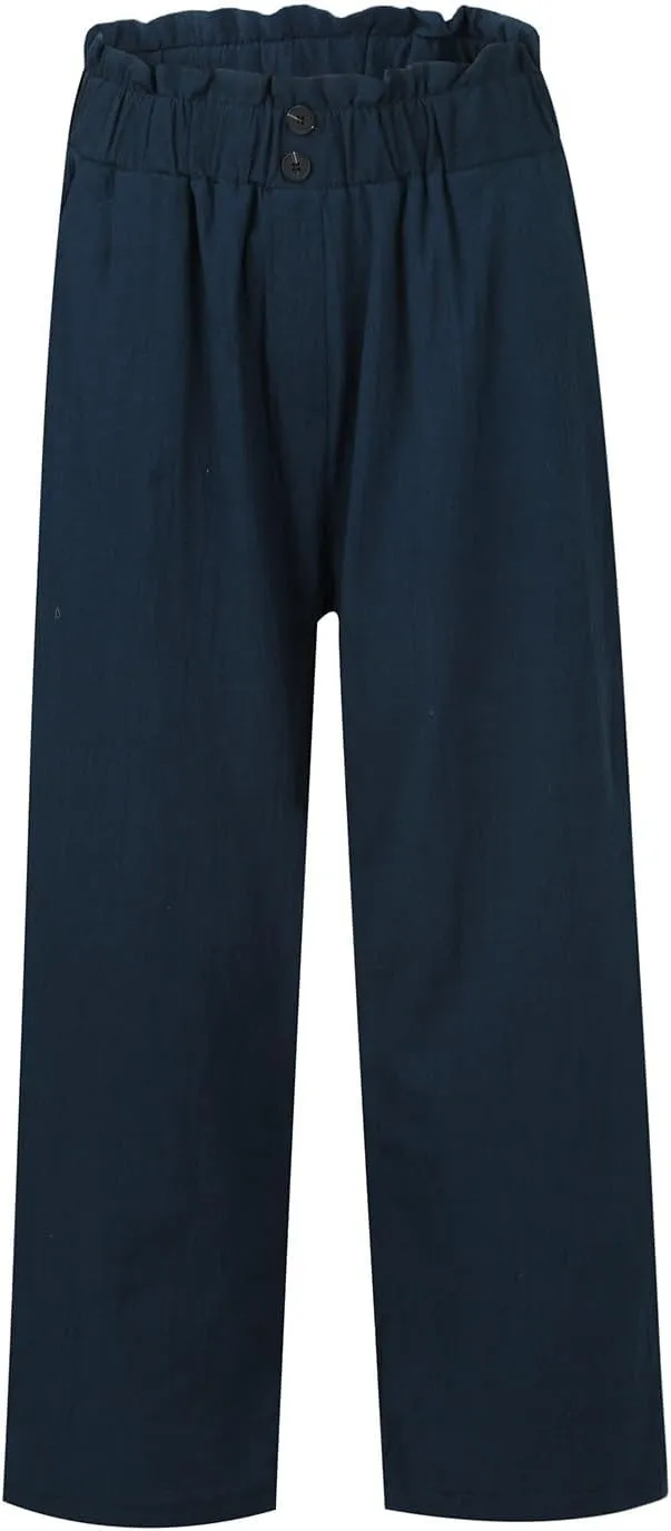 eoeioa Cropped Linen Pants Women Elastic Pleated Button Waist Casual Capri Joggers with Pockets Straight Cropped Trouser