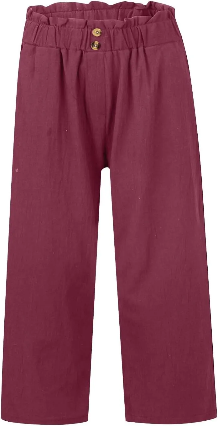 eoeioa Cropped Linen Pants Women Elastic Pleated Button Waist Casual Capri Joggers with Pockets Straight Cropped Trouser