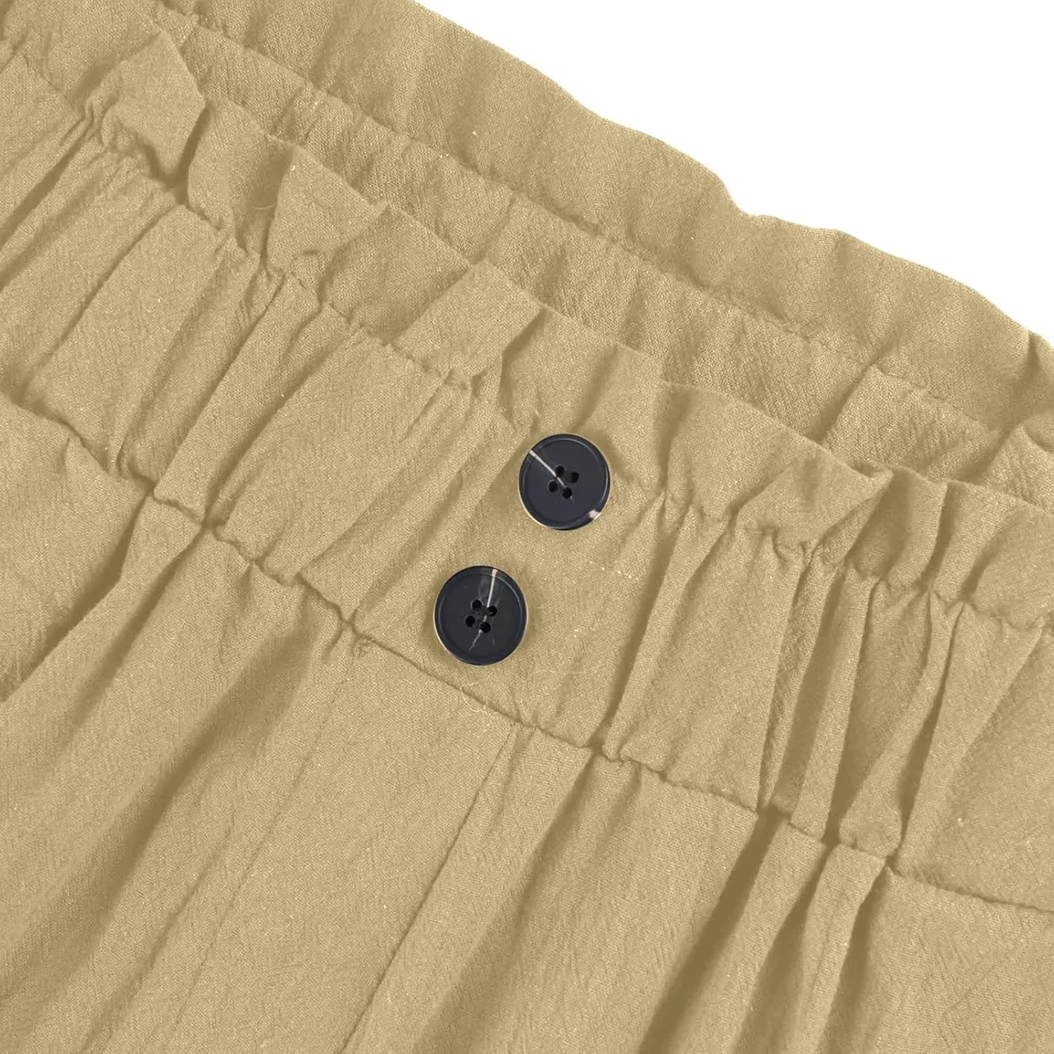 eoeioa Cropped Linen Pants Women Elastic Pleated Button Waist Casual Capri Joggers with Pockets Straight Cropped Trouser