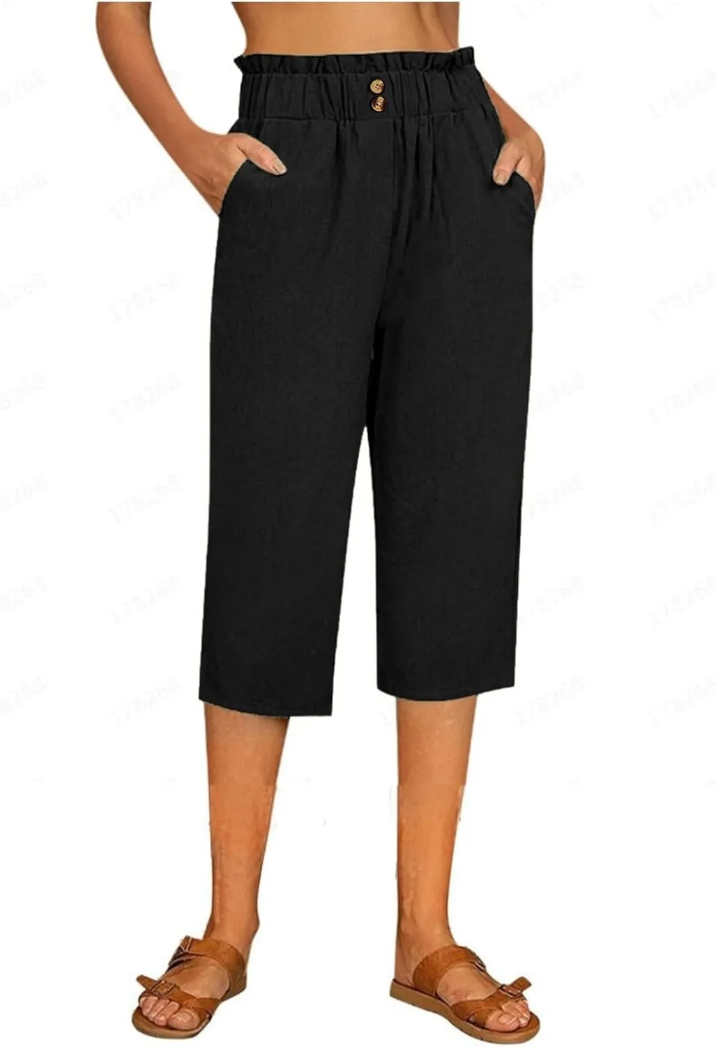 eoeioa Cropped Linen Pants Women Elastic Pleated Button Waist Casual Capri Joggers with Pockets Straight Cropped Trouser
