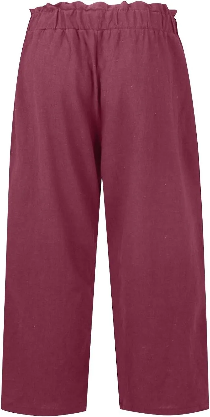 eoeioa Cropped Linen Pants Women Elastic Pleated Button Waist Casual Capri Joggers with Pockets Straight Cropped Trouser