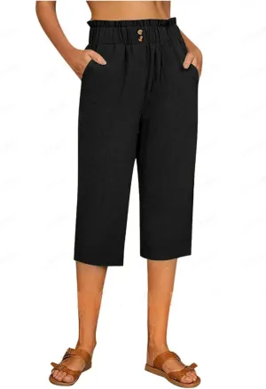 eoeioa Cropped Linen Pants Women Elastic Pleated Button Waist Casual Capri Joggers with Pockets Straight Cropped Trouser