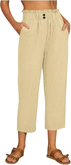 eoeioa Cropped Linen Pants Women Elastic Pleated Button Waist Casual Capri Joggers with Pockets Straight Cropped Trouser