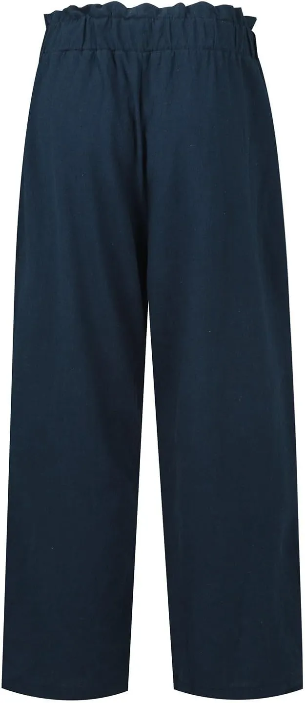 eoeioa Cropped Linen Pants Women Elastic Pleated Button Waist Casual Capri Joggers with Pockets Straight Cropped Trouser