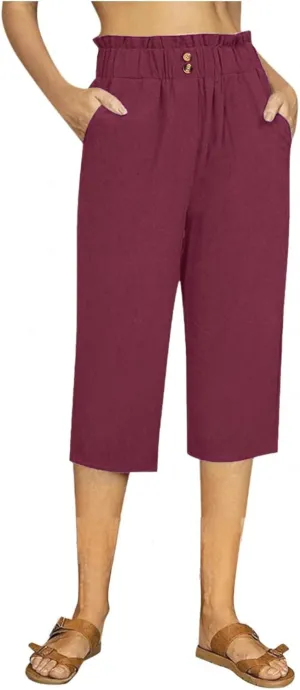 eoeioa Cropped Linen Pants Women Elastic Pleated Button Waist Casual Capri Joggers with Pockets Straight Cropped Trouser