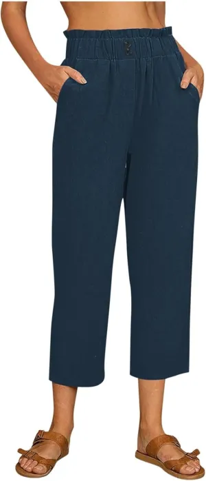 eoeioa Cropped Linen Pants Women Elastic Pleated Button Waist Casual Capri Joggers with Pockets Straight Cropped Trouser