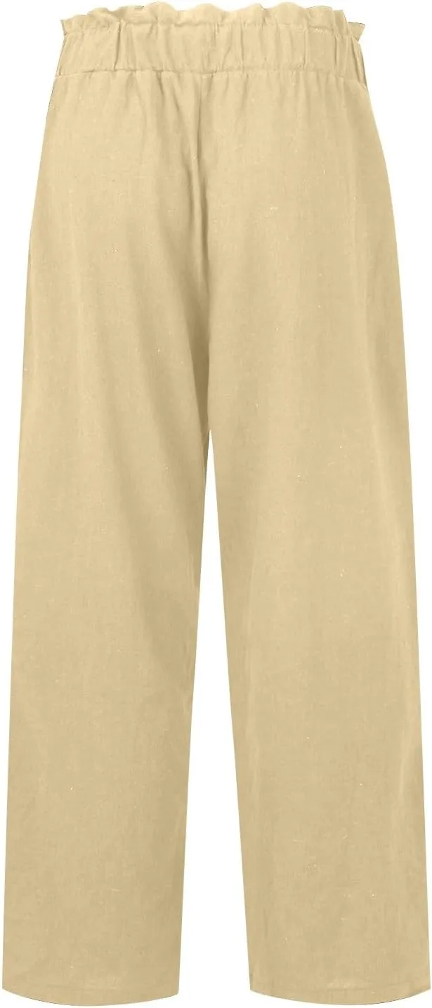 eoeioa Cropped Linen Pants Women Elastic Pleated Button Waist Casual Capri Joggers with Pockets Straight Cropped Trouser