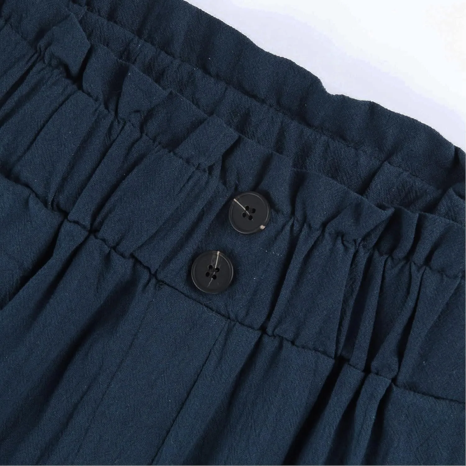 eoeioa Cropped Linen Pants Women Elastic Pleated Button Waist Casual Capri Joggers with Pockets Straight Cropped Trouser