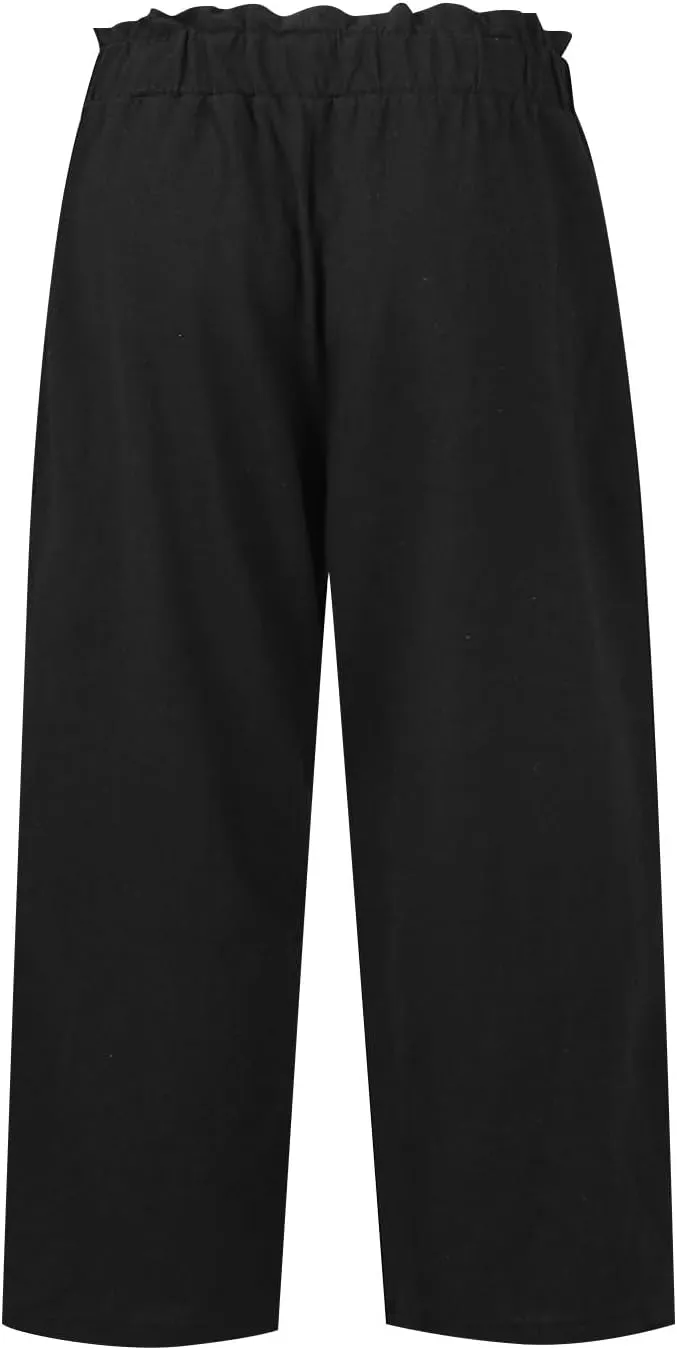 eoeioa Cropped Linen Pants Women Elastic Pleated Button Waist Casual Capri Joggers with Pockets Straight Cropped Trouser