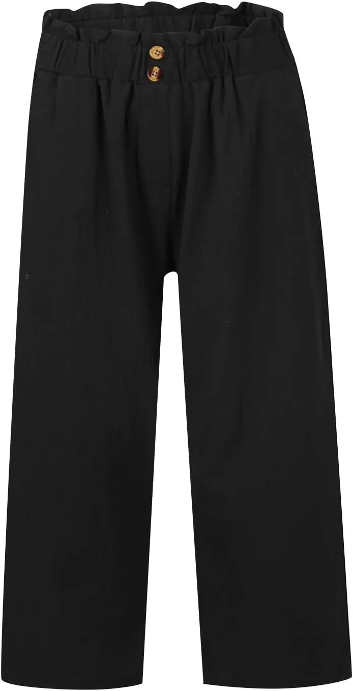 eoeioa Cropped Linen Pants Women Elastic Pleated Button Waist Casual Capri Joggers with Pockets Straight Cropped Trouser