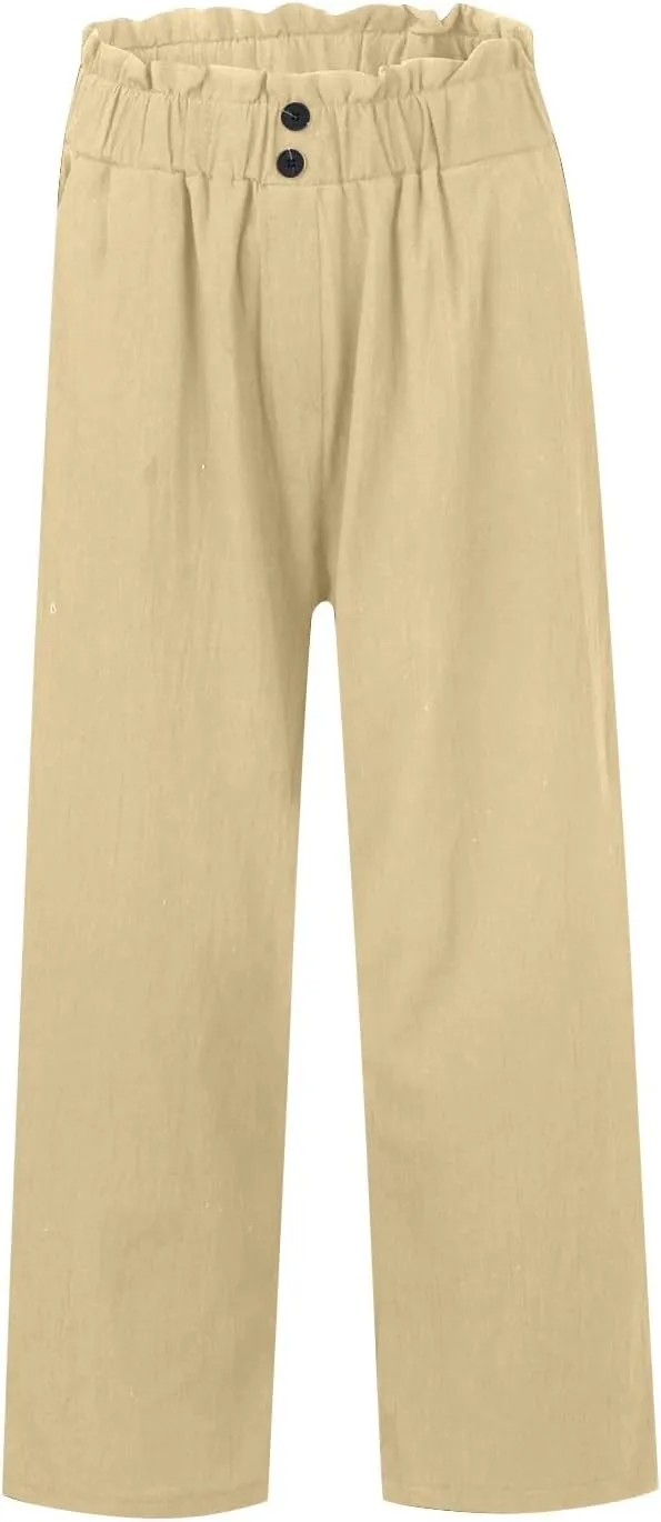 eoeioa Cropped Linen Pants Women Elastic Pleated Button Waist Casual Capri Joggers with Pockets Straight Cropped Trouser
