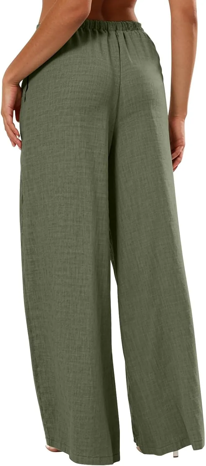 fanmpghleoo Wide Leg Linen Pants for Women Drawstring Flowy Beach Pants Casual Palazzo Pants Comfy Lounge Pants with Pockets